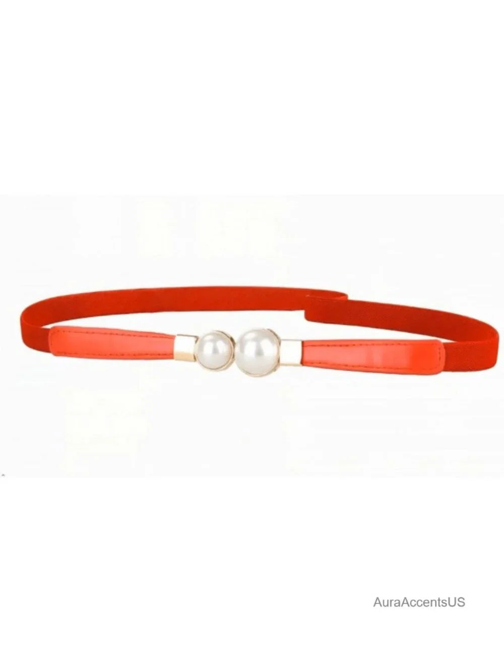 Skinny Stretchy Faux Leather Belt with Gold Pearl Buckle